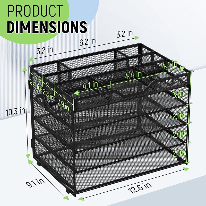 Docnest 5 Tier Mesh Desk Organizer- Letter Tray with Adjustable Compartments, Mesh Desktop Storage Built in Pen Holder and Handles, Desk Organizer Tray for Mail Documents Office Supplies-Black - Image 3